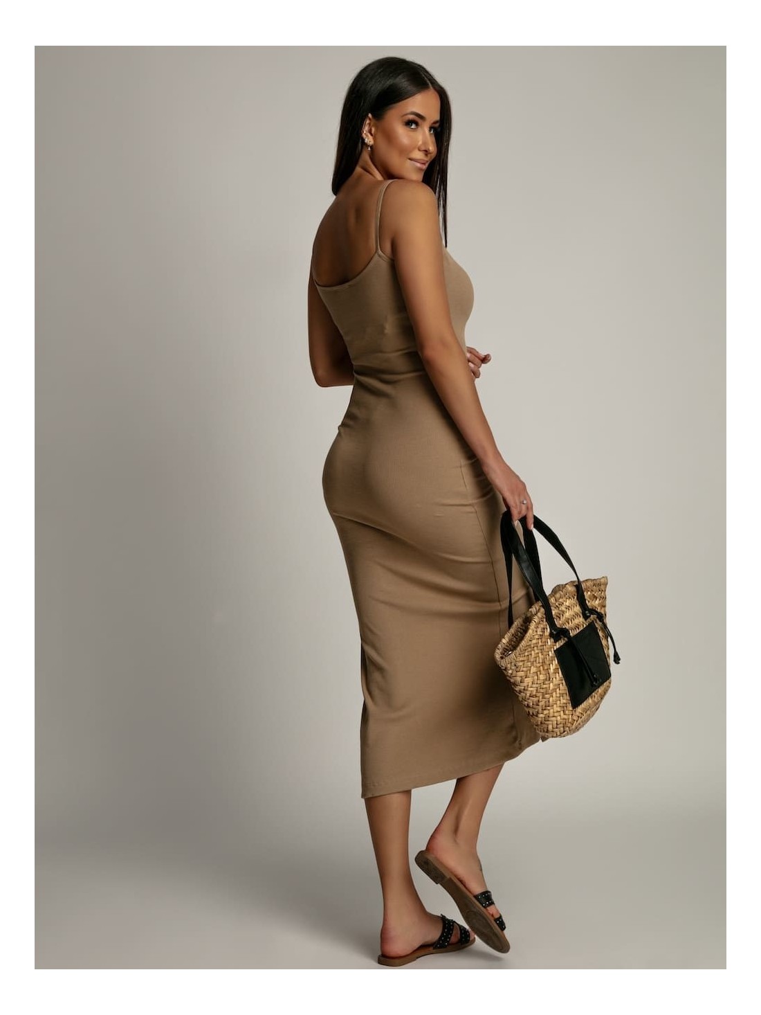 Midi dress with a slit, light beige FG667 - Online store - Boutique